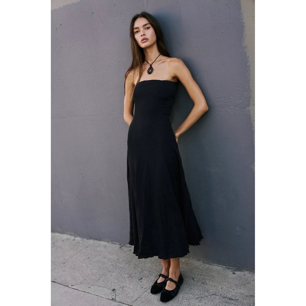 Free People Cotton Tie Back Maxi Dress Scallop Hem Black Large Boho